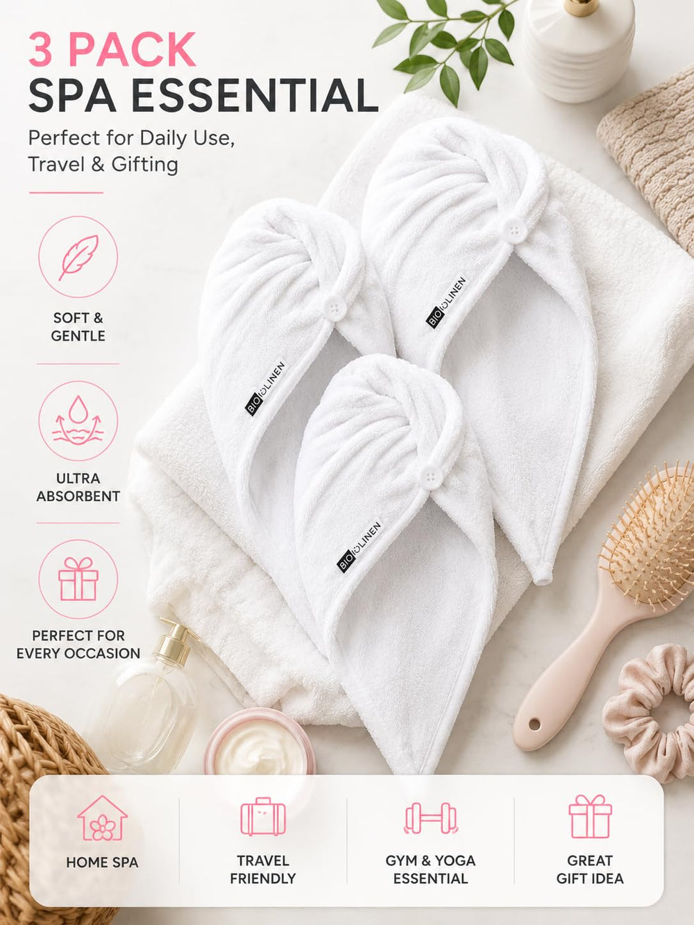 BIOLINEN turban on vanity near skincare, lifestyle use speeds routines and keeps hair back