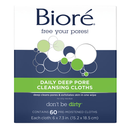 Bioré front packaging showing 60-count wipes and easy-open lid for convenience