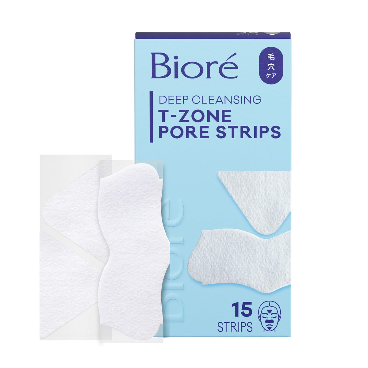Bioré front pack showing three-shape T-zone strip kit and benefits