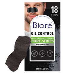 Bioré front packaging displaying 18-count charcoal pore strips and key benefits