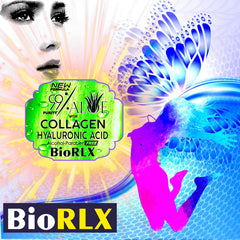 BioRLX ingredients label close-up showing aloe, collagen, and hyaluronic acid benefits
