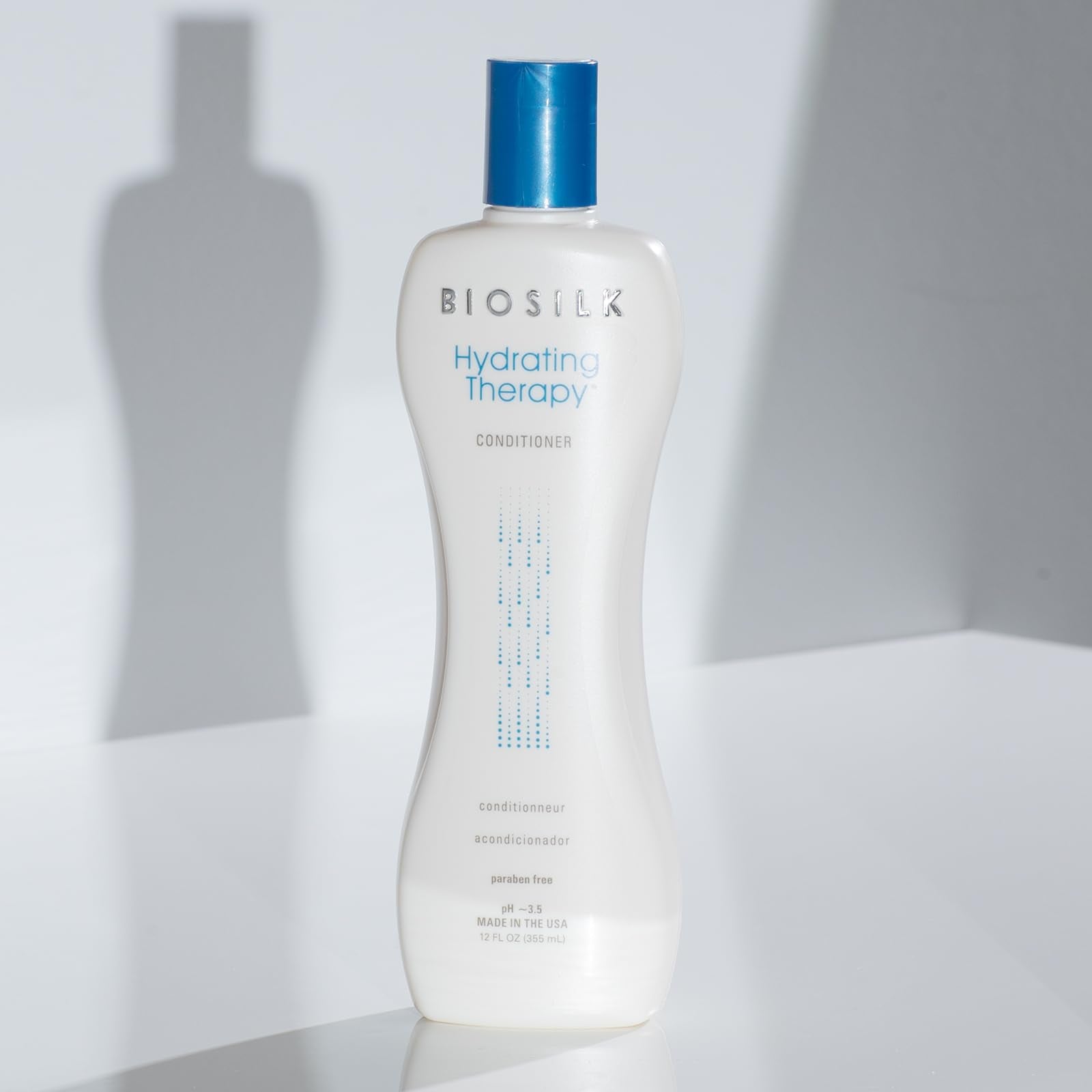 BioSilk conditioner on bathroom shelf styled to show routine-ready packaging