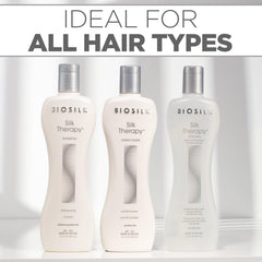BioSilk leave-in serum drop showing glossy finish and frizz control