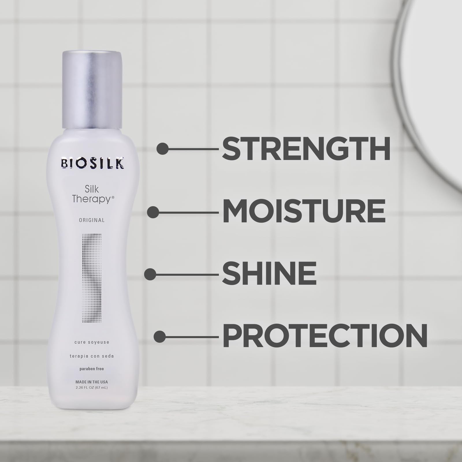 BioSilk clear serum texture on palm highlighting lightweight, non-greasy feel