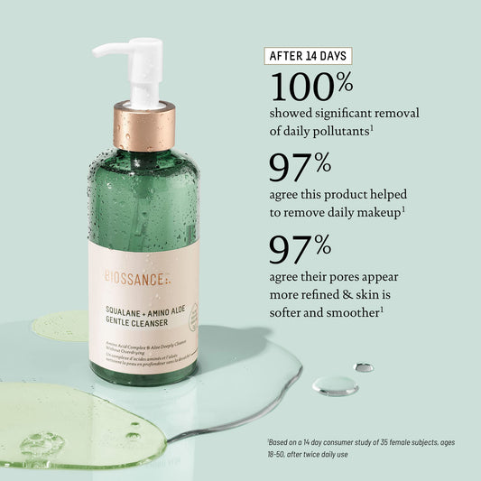 BIOSSANCE pump dispensing gel texture highlighting gentle, hydrating formula