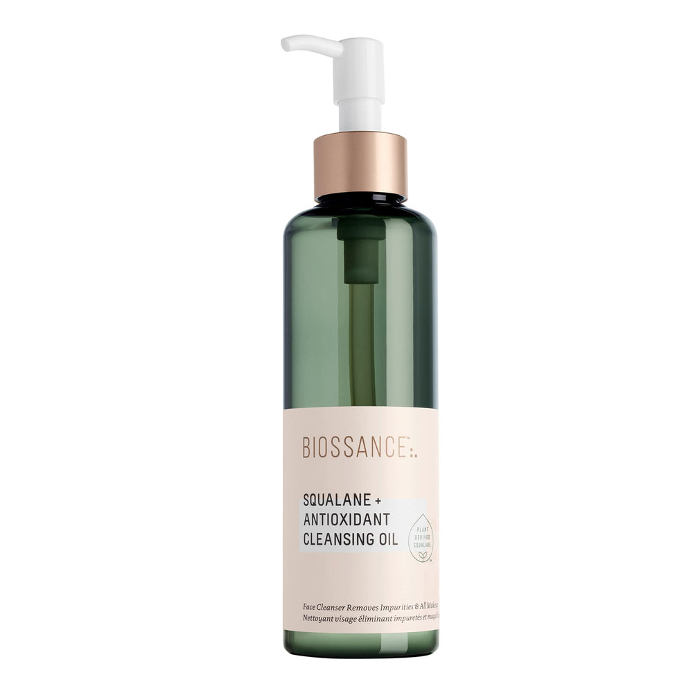 Biossance bottle front view showing clean packaging and clear label benefits
