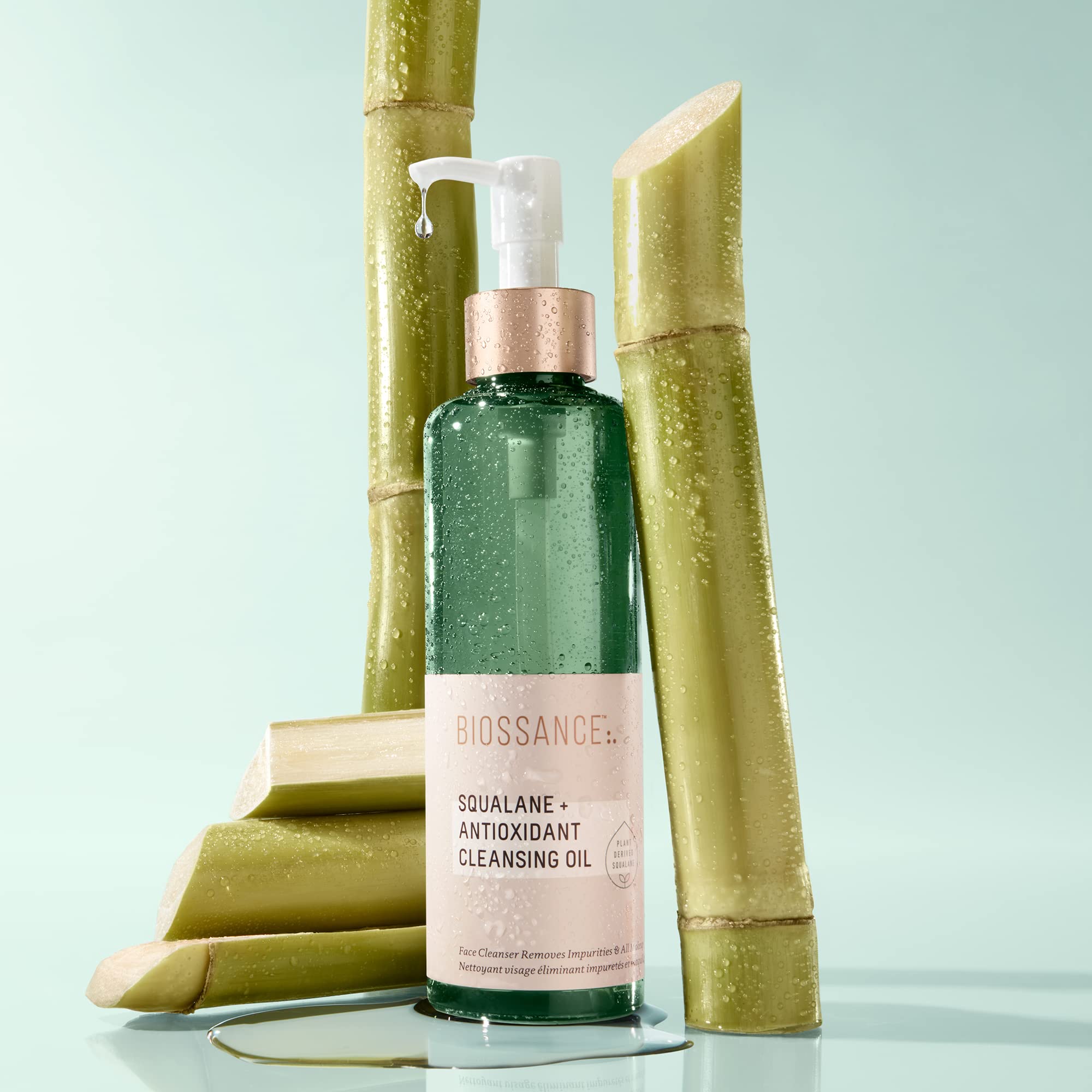 Biossance bottle next to a ruler indicating 6.7 ounce size for scale