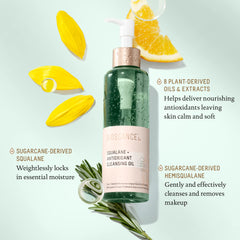Close-up of Biossance cleansing oil texture showing silky, lightweight emulsion