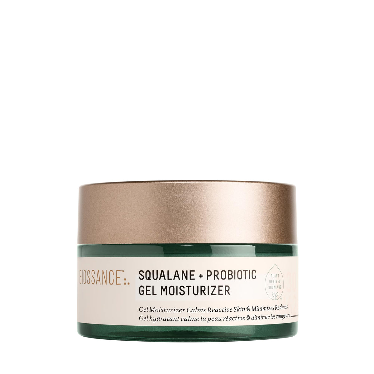 BIOSSANCE front jar shot showing product and branding, highlights calming benefits