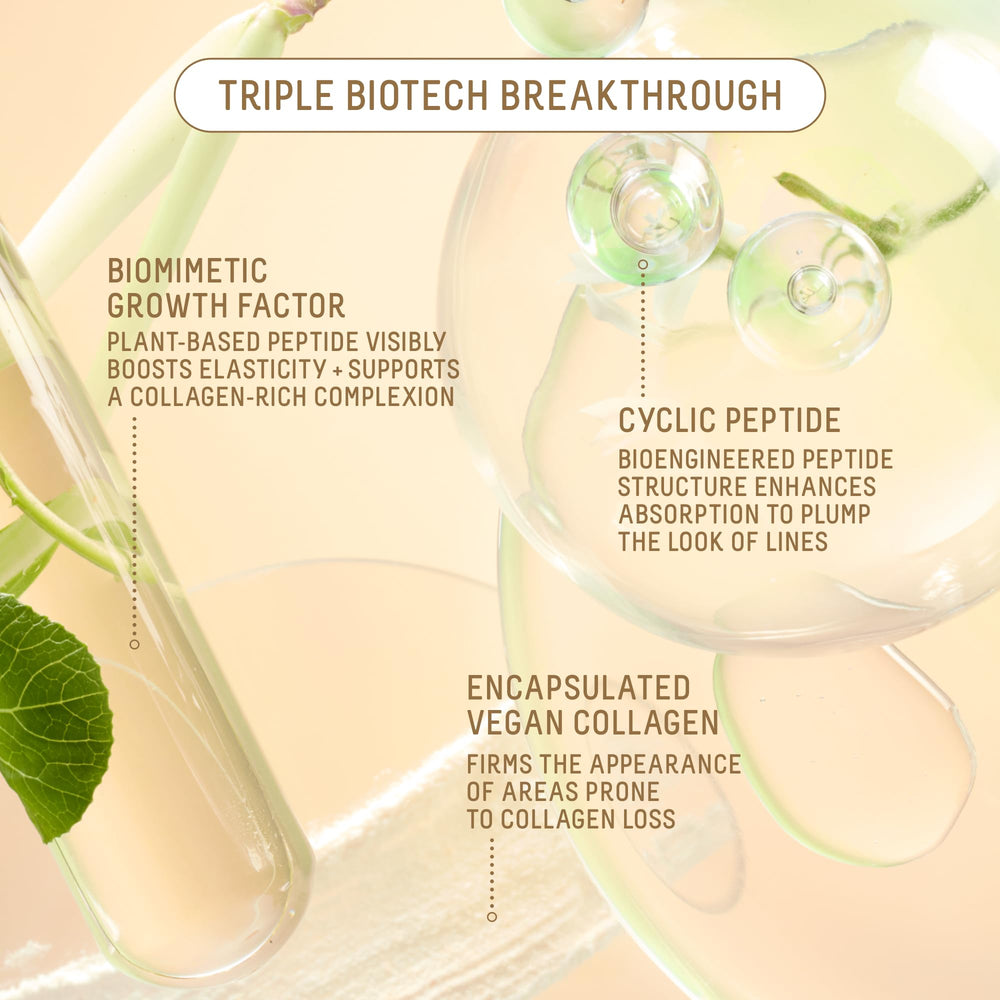 BIOSSANCE ingredient layout highlighting peptides and vegan collagen benefits