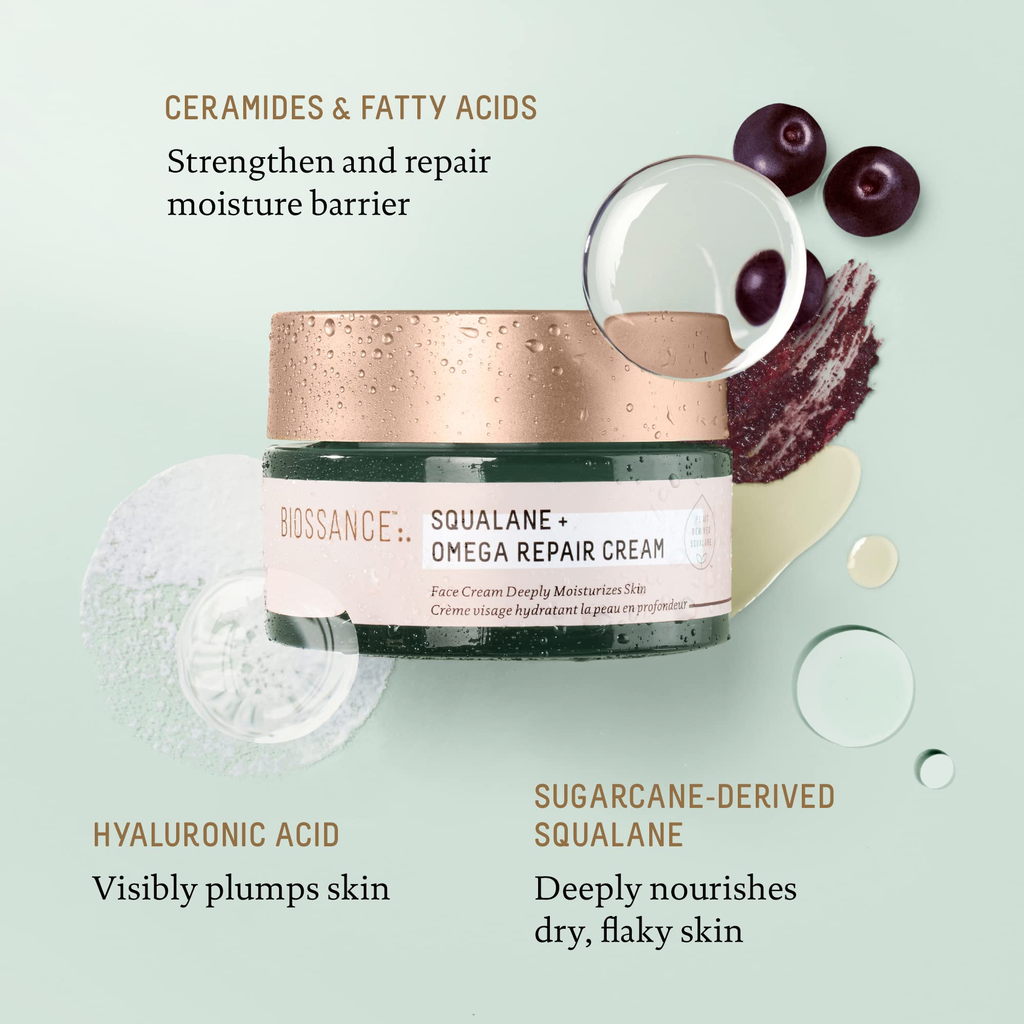 BIOSSANCE open jar top view showing rich cream and easy scoop application