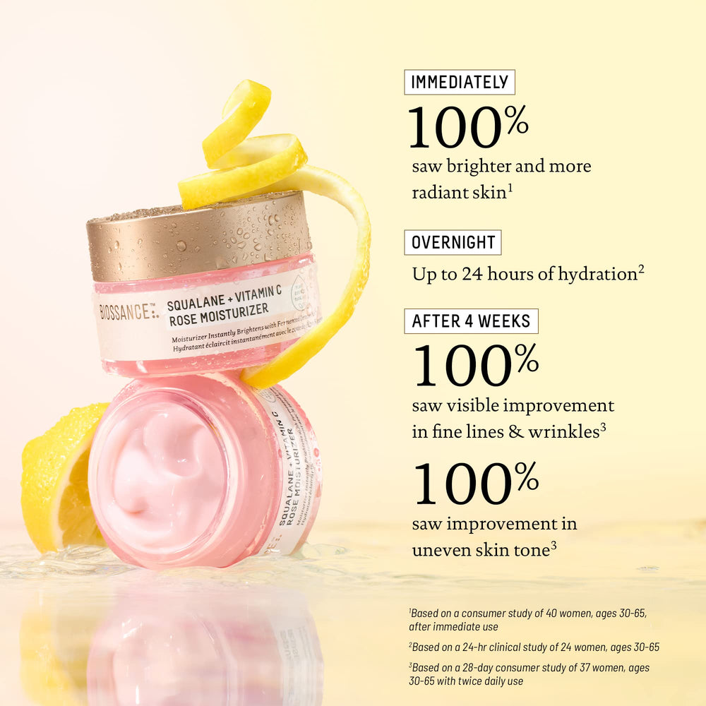 BIOSSANCE moisturizer displayed on bathroom shelf for routine styling
