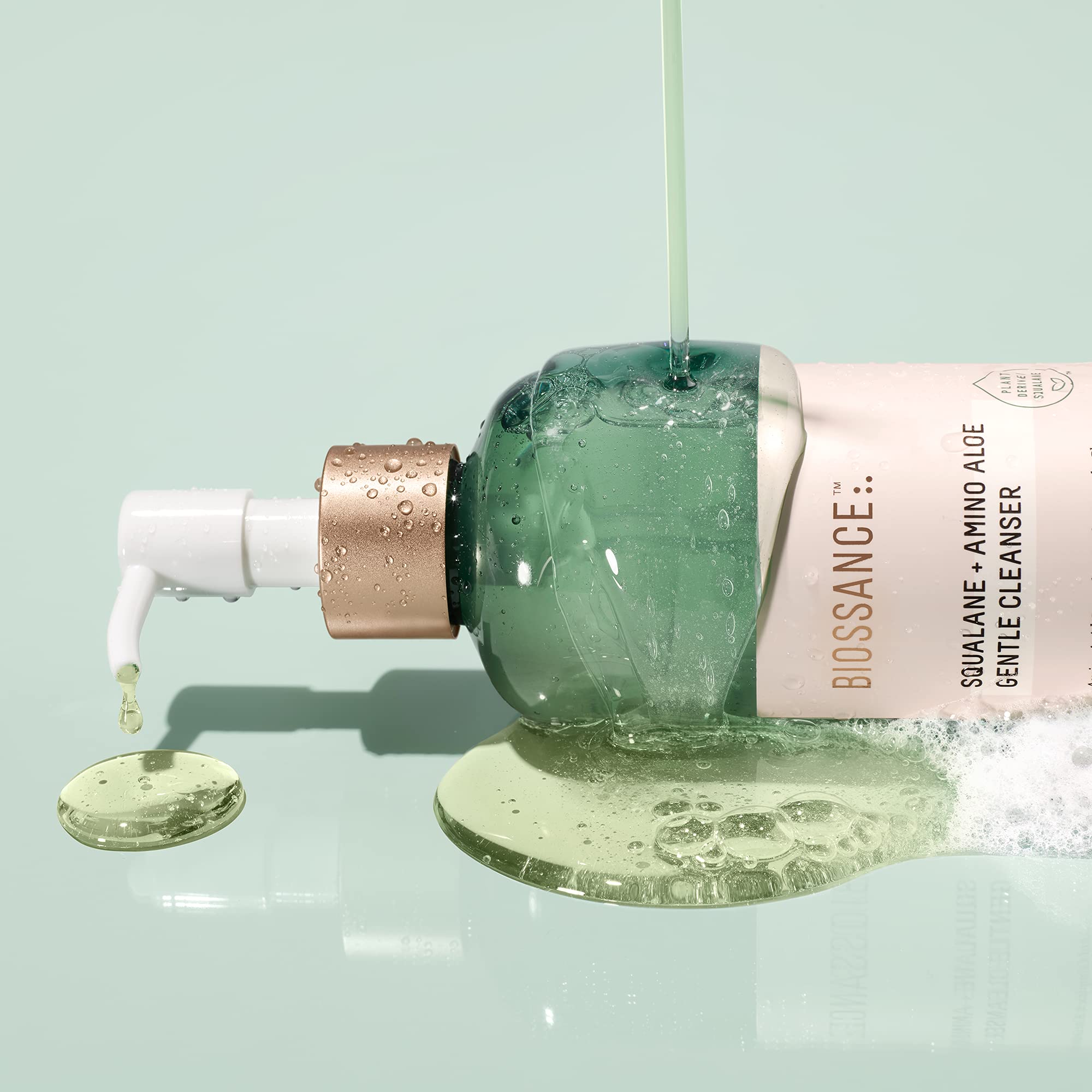 BIOSSANCE bottle staged in bathroom routine suggesting daily use convenience
