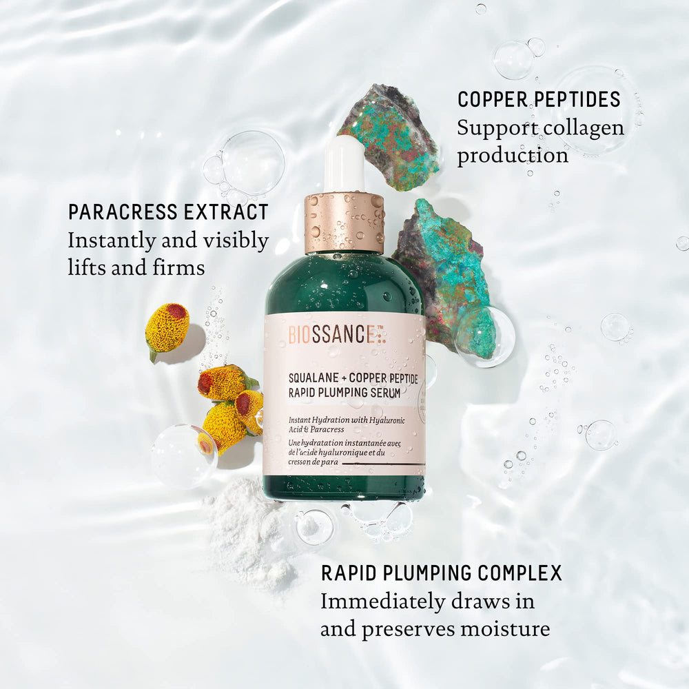 Biossance ingredients flatlay highlighting squalane, hyaluronic acid, and vegan copper peptides benefits