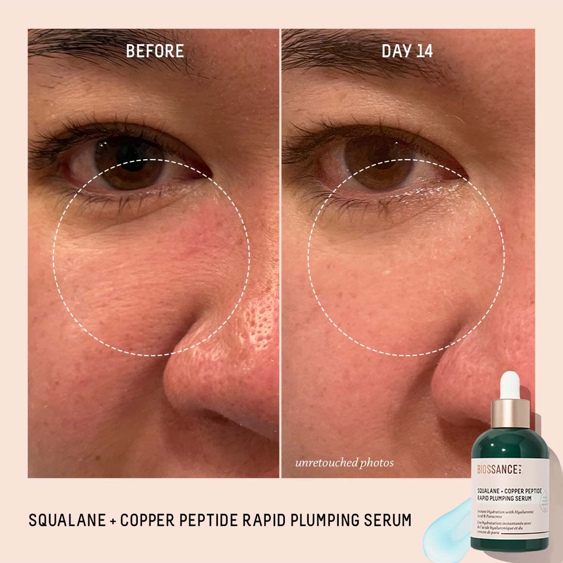 Biossance pump application on face showing easy layering under moisturizer and makeup