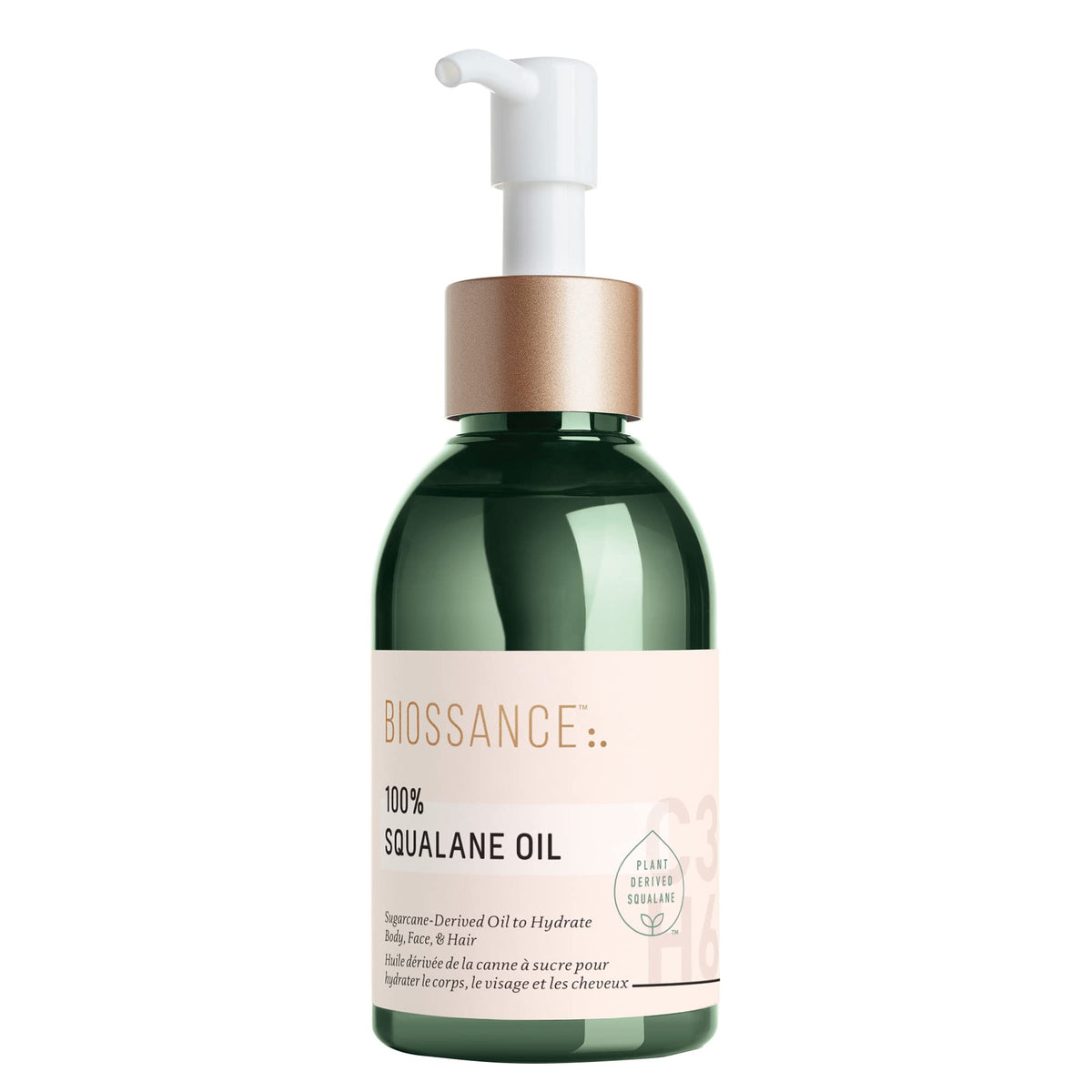 BIOSSANCE bottle front view showing pure squalane and clear packaging benefit hydration