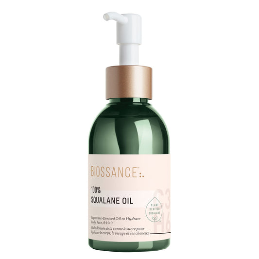BIOSSANCE bottle front view showing pure squalane and clear packaging benefit hydration