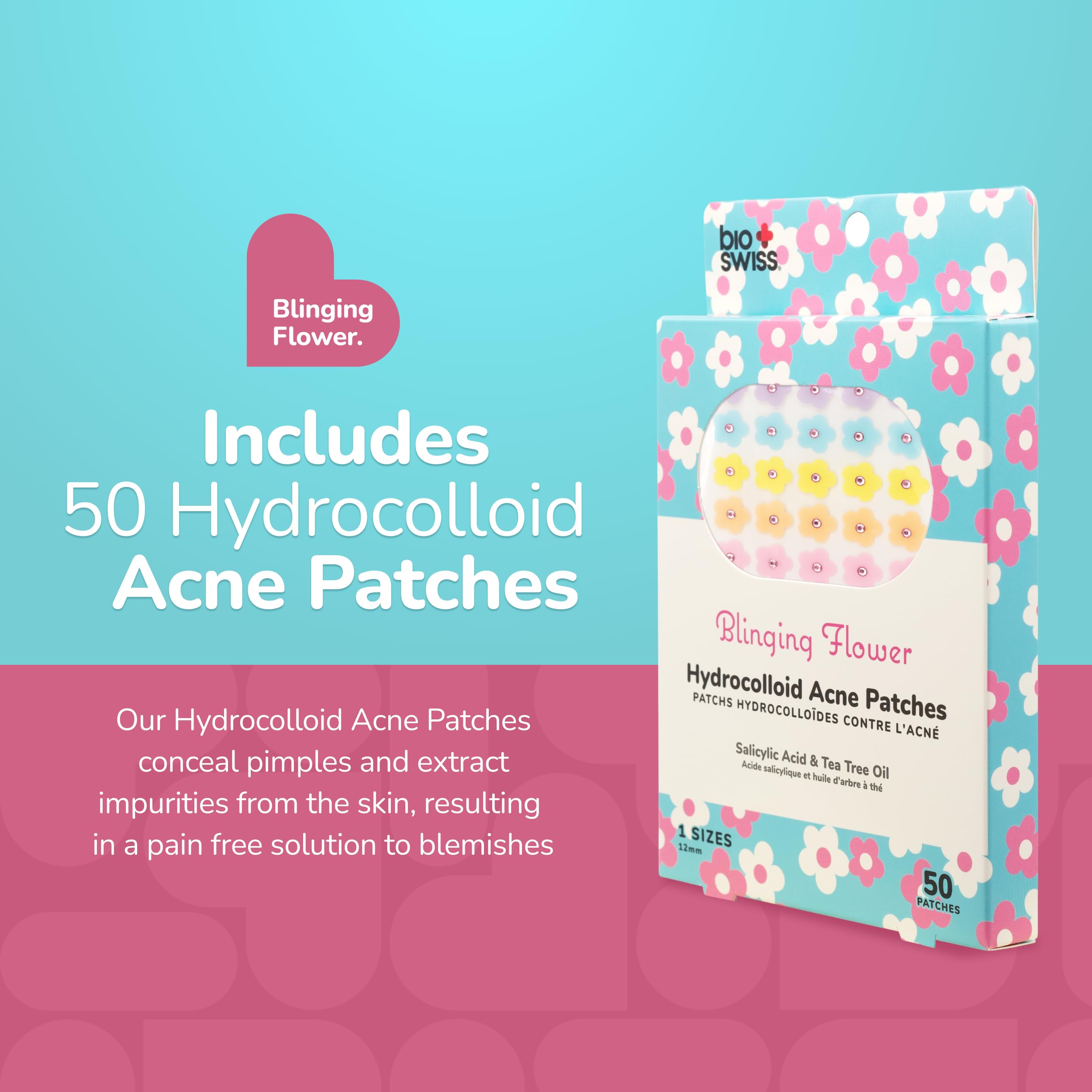 BioSwiss close-up sheet with six assorted flower patch designs and ease-of-peel