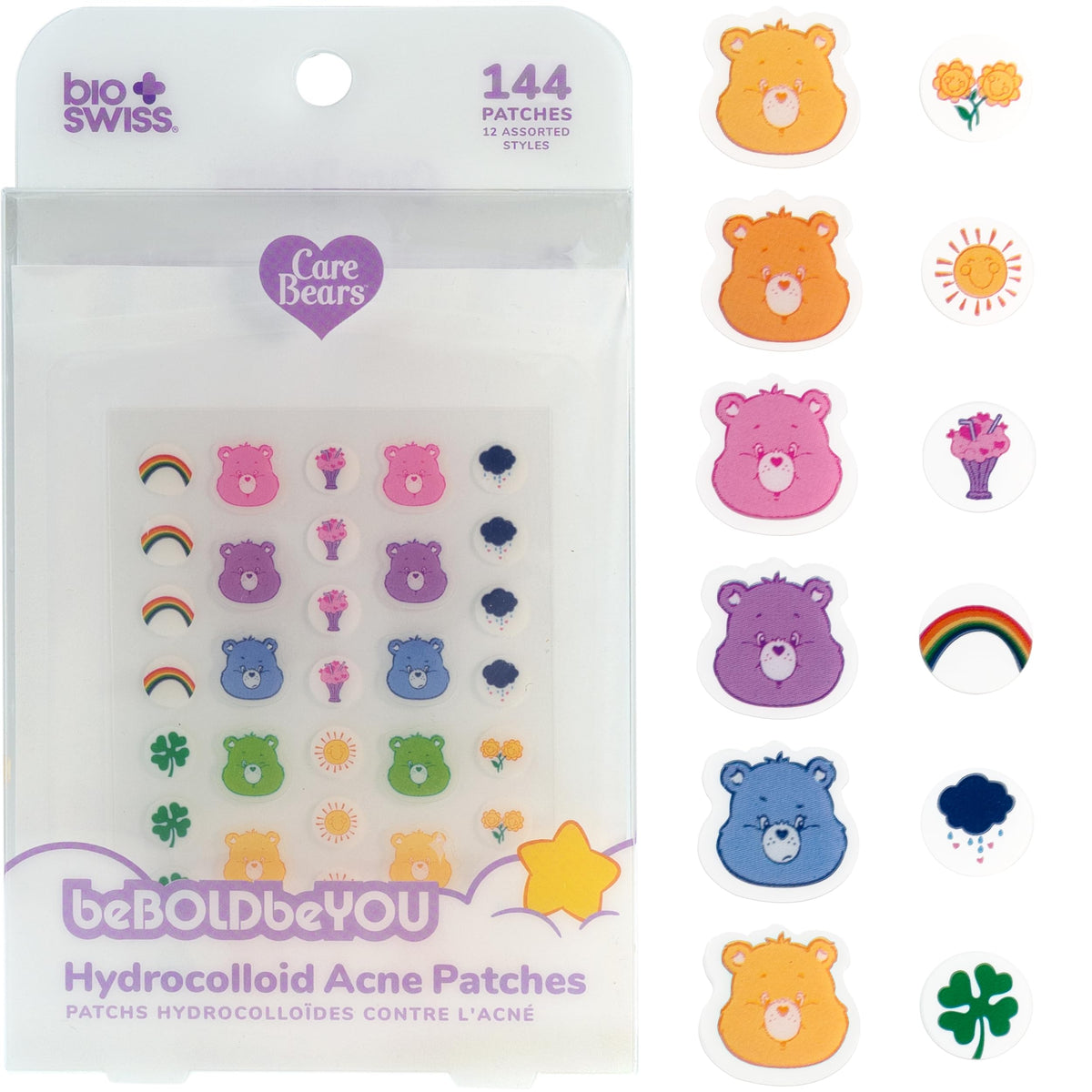 BioSwiss front packaging showing 144-count Care Bears patches and benefits