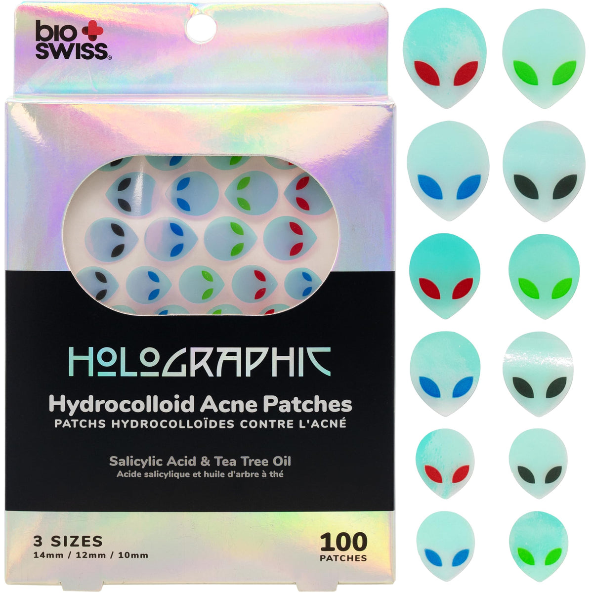 BioSwiss front packaging showing holographic patches and 100 count benefit