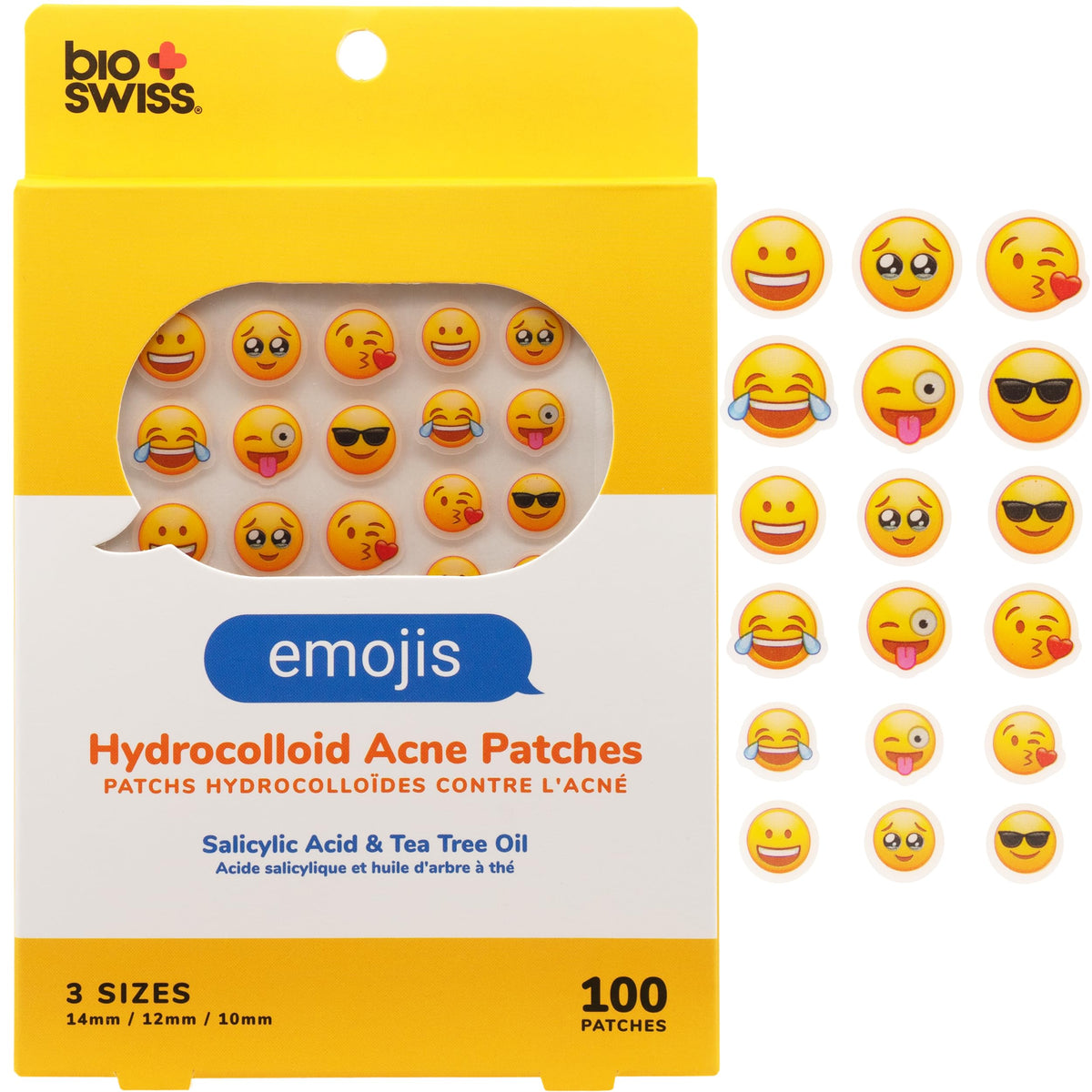 BioSwiss front packaging showing 100-count acne patches and cute emojis for discreet treatment