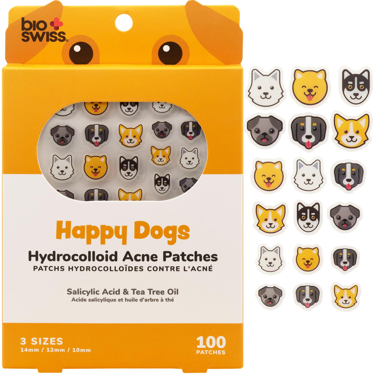 BioSwiss front packaging showing 100 hydrocolloid patches and cute dog designs benefits convenience