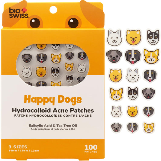 BioSwiss front packaging showing 100 hydrocolloid patches and cute dog designs benefits convenience