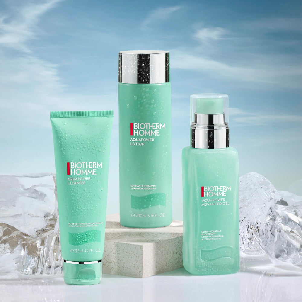 Biotherm Aquapower on bathroom shelf as daily grooming essential for men