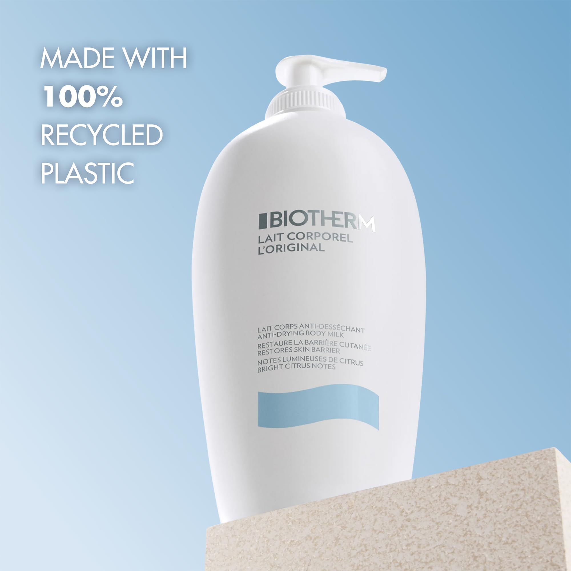 Biotherm recycled plastic badge on bottle emphasizing sustainable packaging benefit
