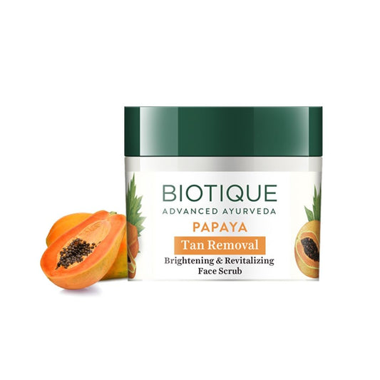 Biotique jar front showing BIO PAPAYA branding and size, conveys natural brightening