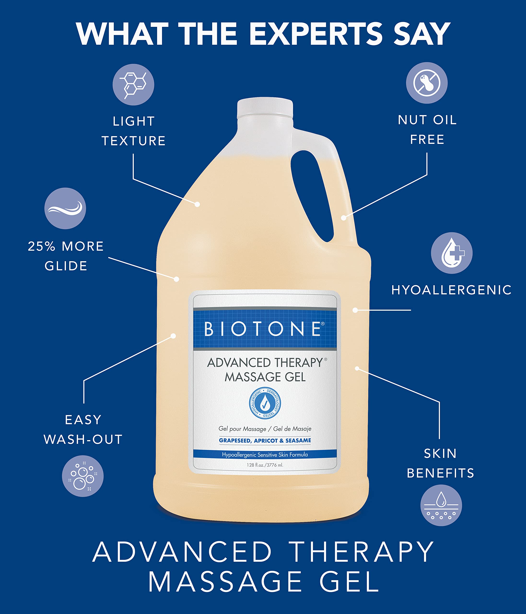 BIOTONE ingredients label showing apricot sesame grapeseed oils and hypoallergenic benefit