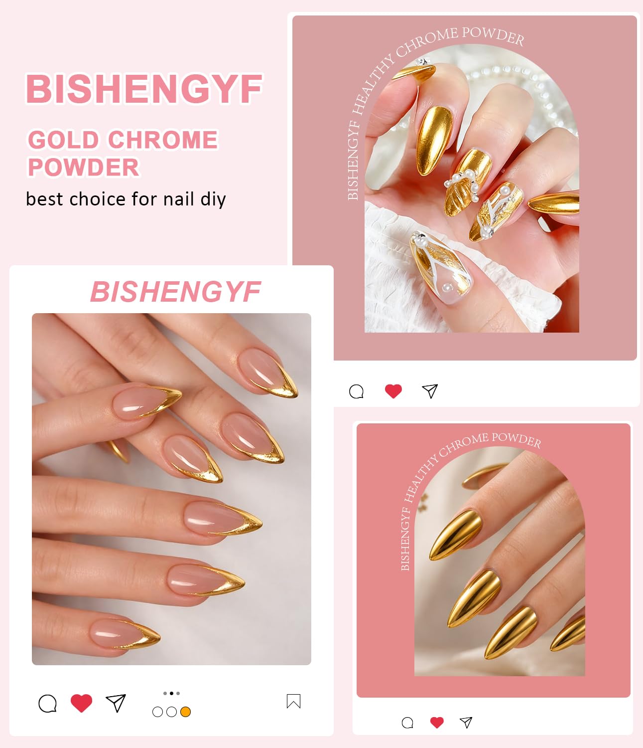 BISHENGYF gold chrome applied on nail swatch for high-shine mirror finish