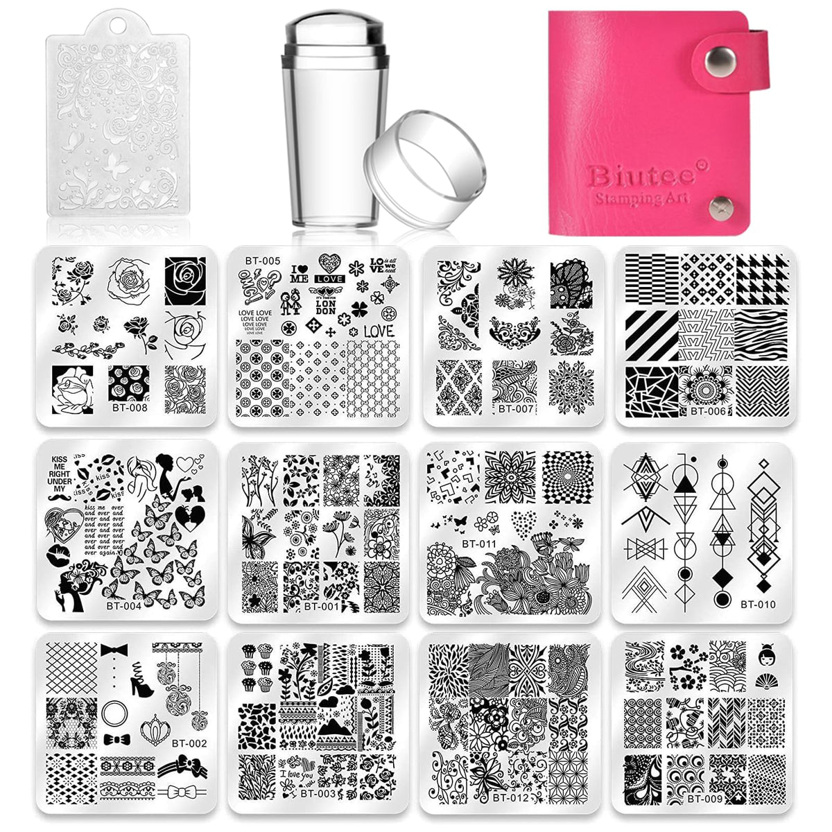 Biutee front view of full stamping kit showing plates and tools, clear starter benefit