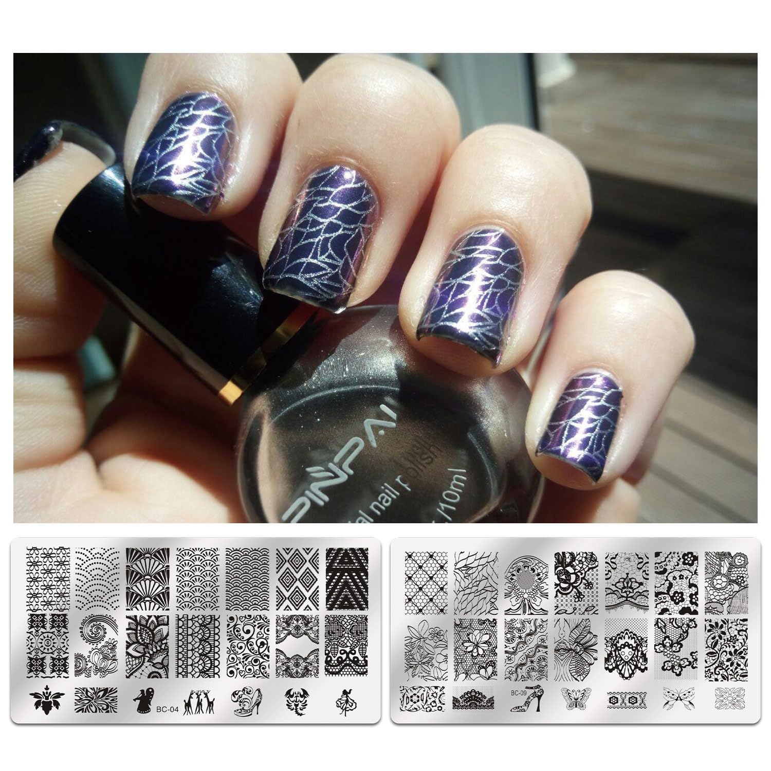 Biutee close-up of flower-etched plate demonstrating sharp floral designs for delicate nails