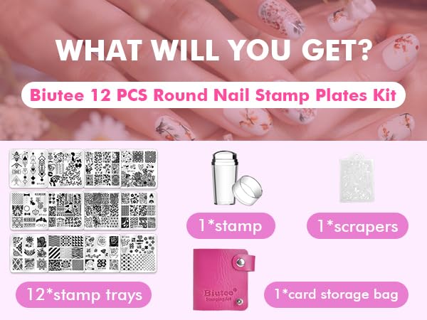 Biutee kit next to nail tip for scale to show plate and design sizing