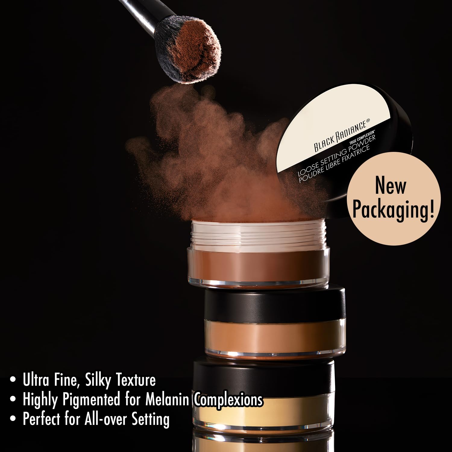 Black Radiance Cocoa Kisses open jar top view revealing finely milled loose powder