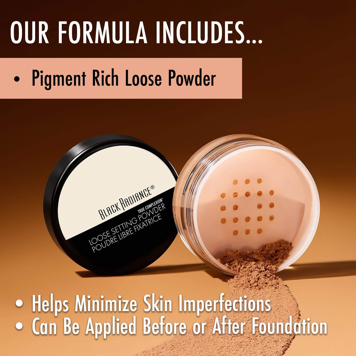 Black Radiance powder next to a coin showing 0.64 oz scale and portability