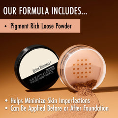 Black Radiance powder next to a coin showing 0.64 oz scale and portability