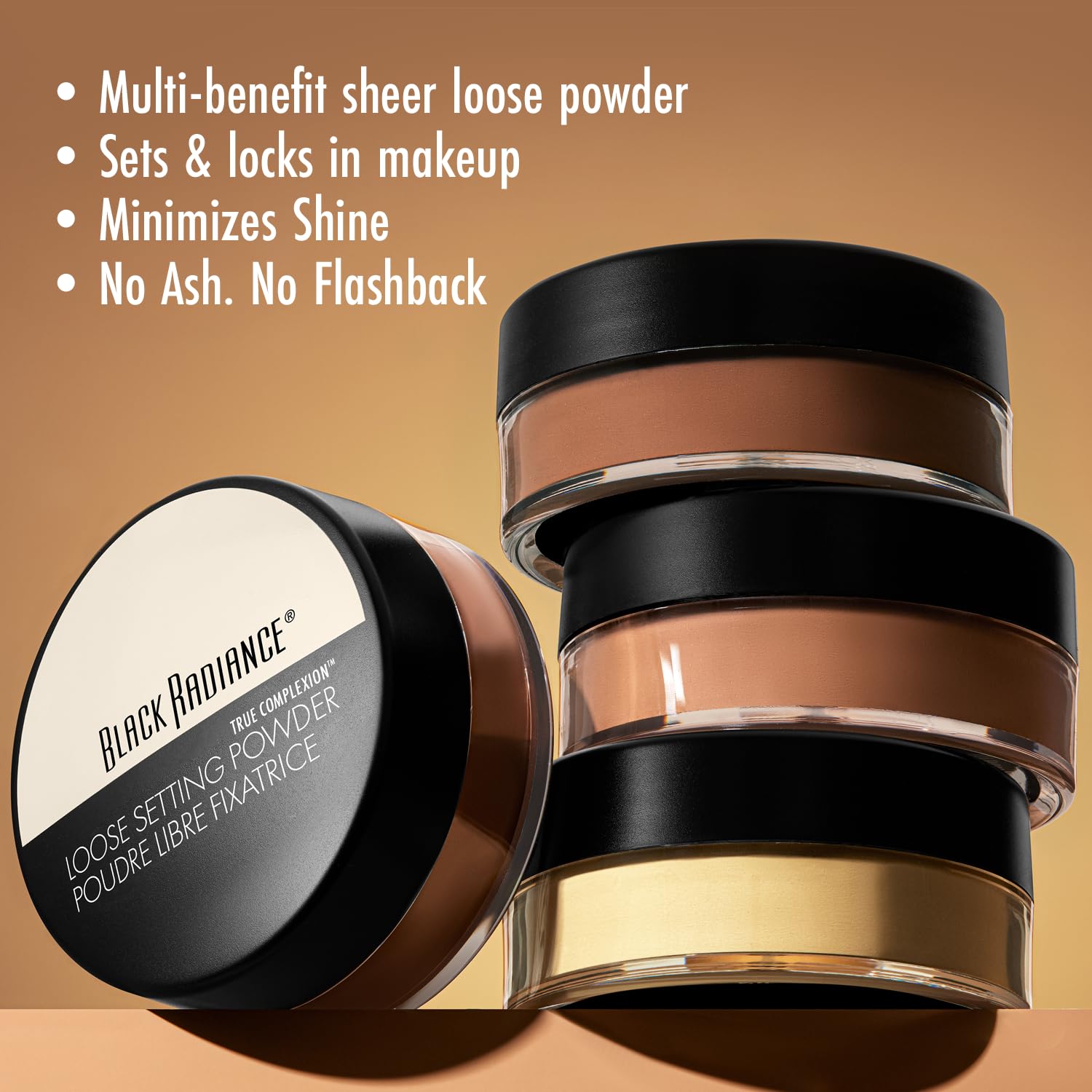 Black Radiance loose powder open sifter displaying finely milled texture and easy dispensing