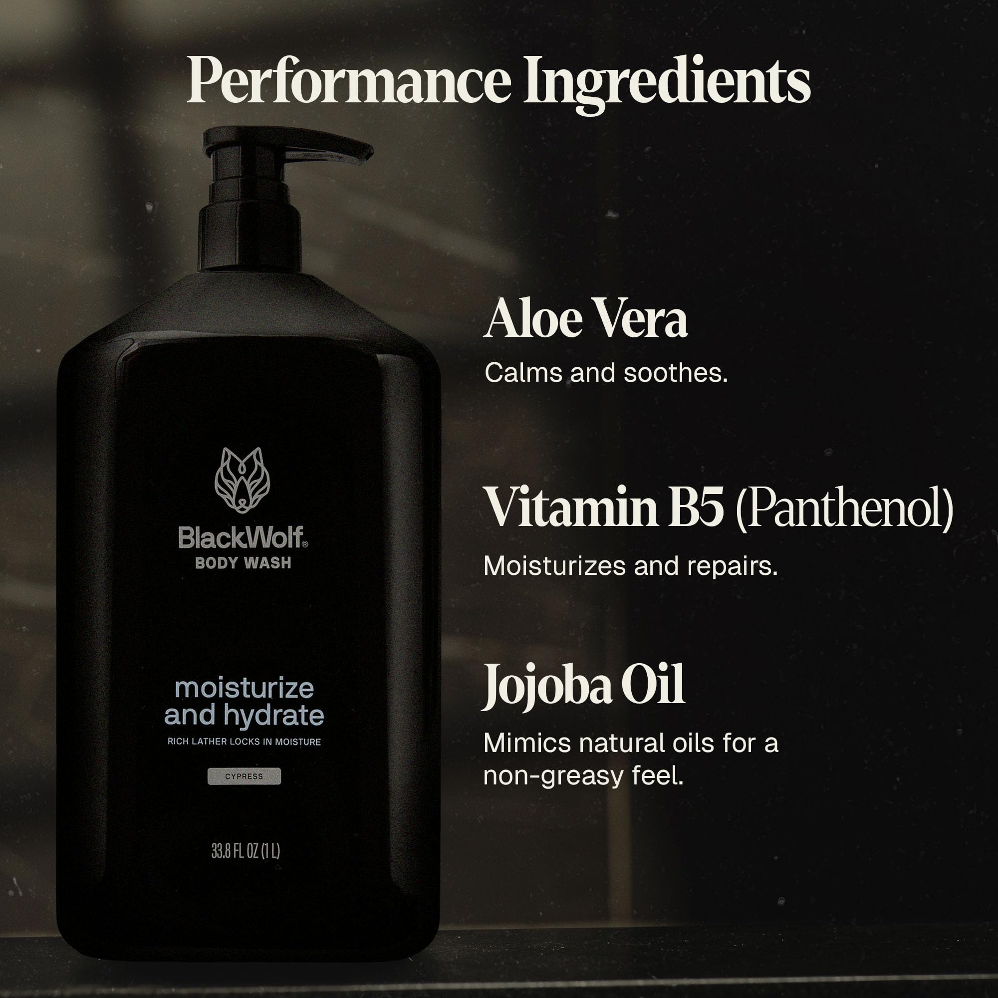 Black Wolf jojoba oil and aloe vera close-up highlighting soothing hydration