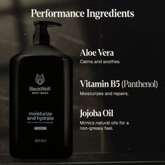 Black Wolf jojoba oil and aloe vera close-up highlighting soothing hydration