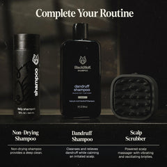 Black Wolf 1L bottle next to razor showing generous value and scale
