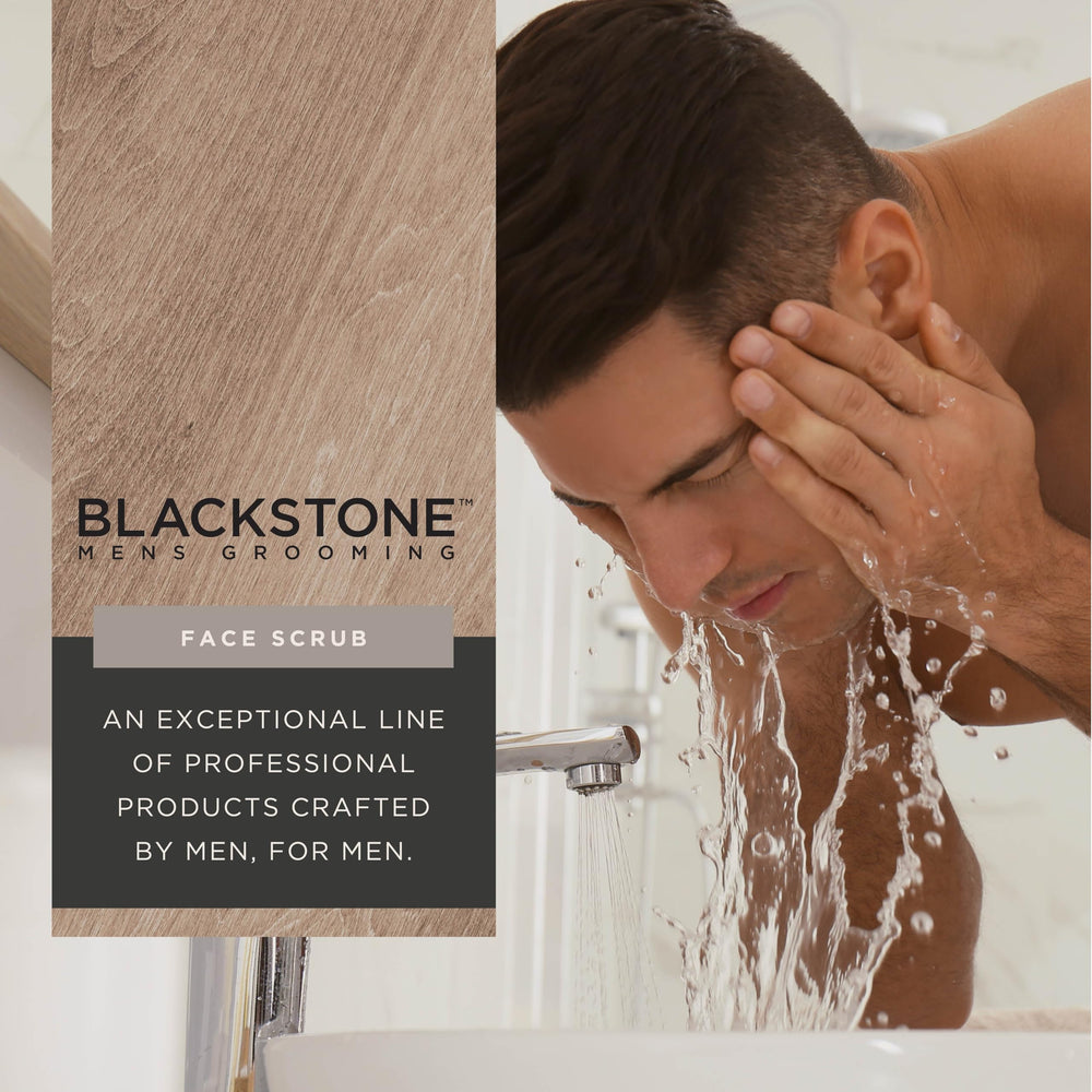 Blackstone applied to a man’s cheek in bathroom illustrating smooth shave preparation benefit