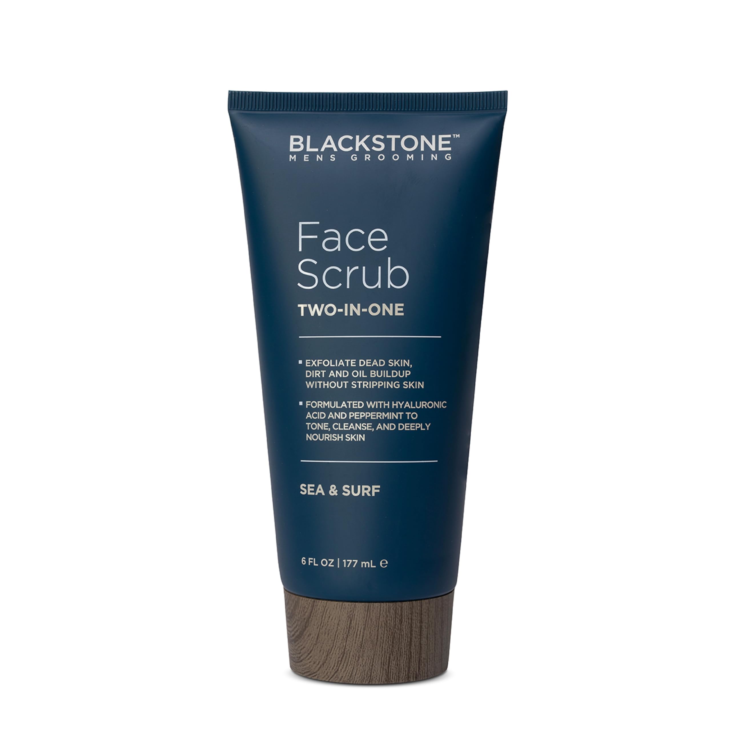 Blackstone label close-up listing hyaluronic acid and peppermint benefits for hydration