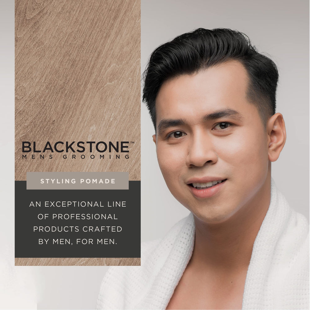 Blackstone pomade scooped on hand demonstrating easy spreadability benefit