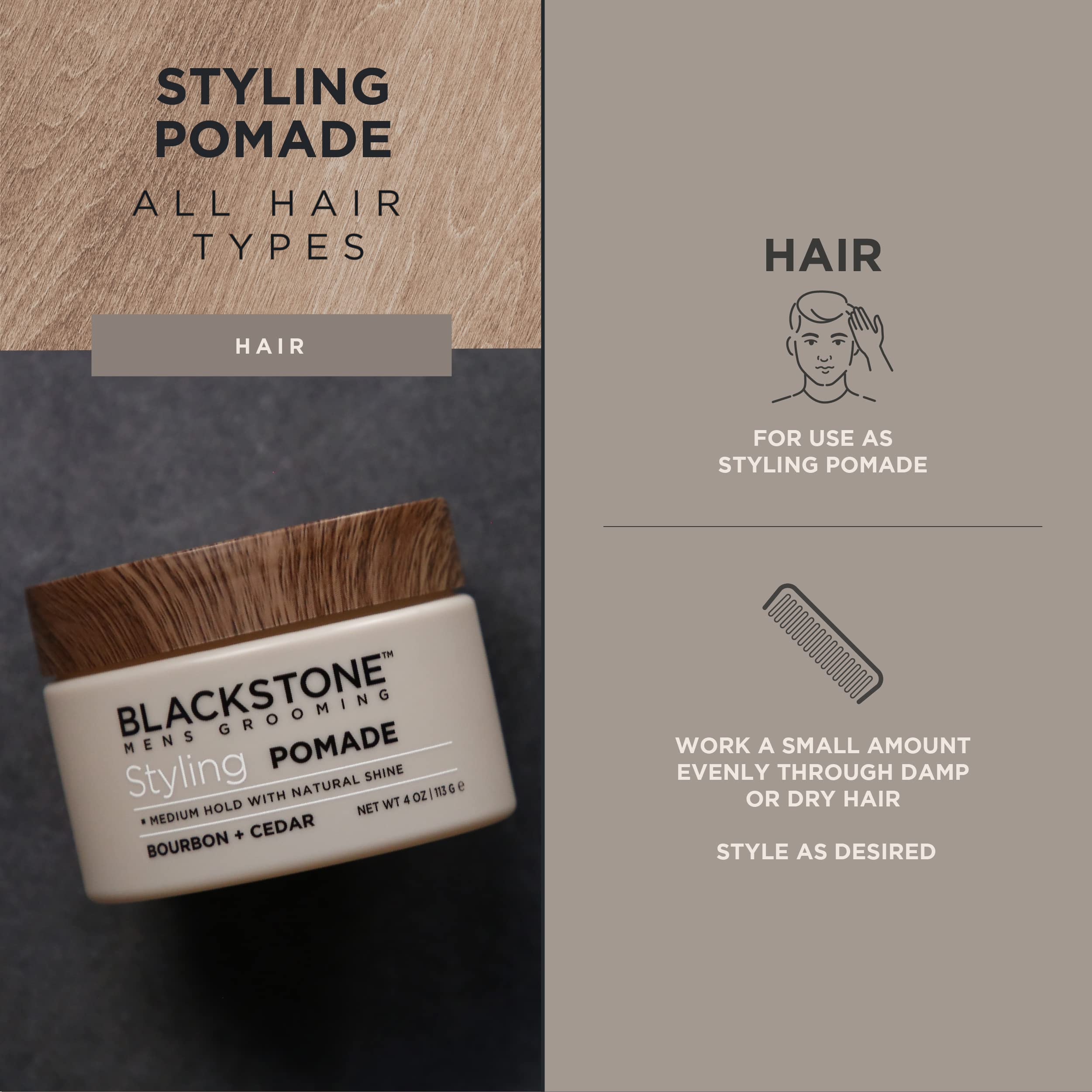 Blackstone pomade used on styled hair in lifestyle scene showing natural finish benefit
