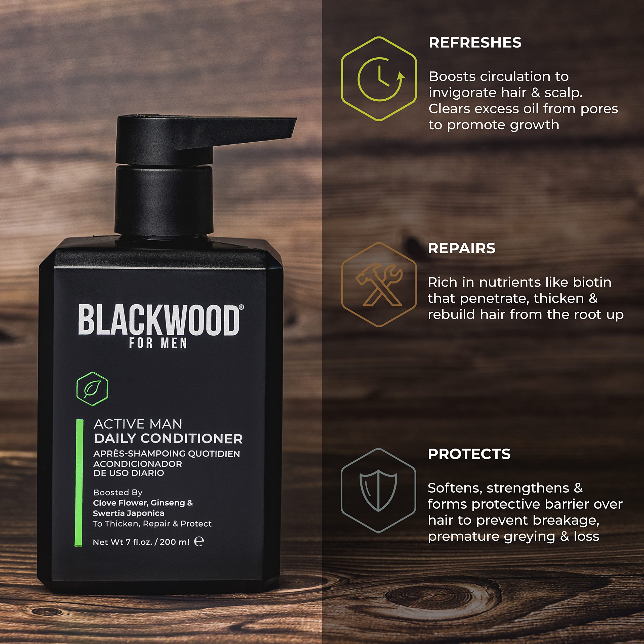 Blackwood For Men 7 oz bottle next to a razor for size comparison and travel convenience