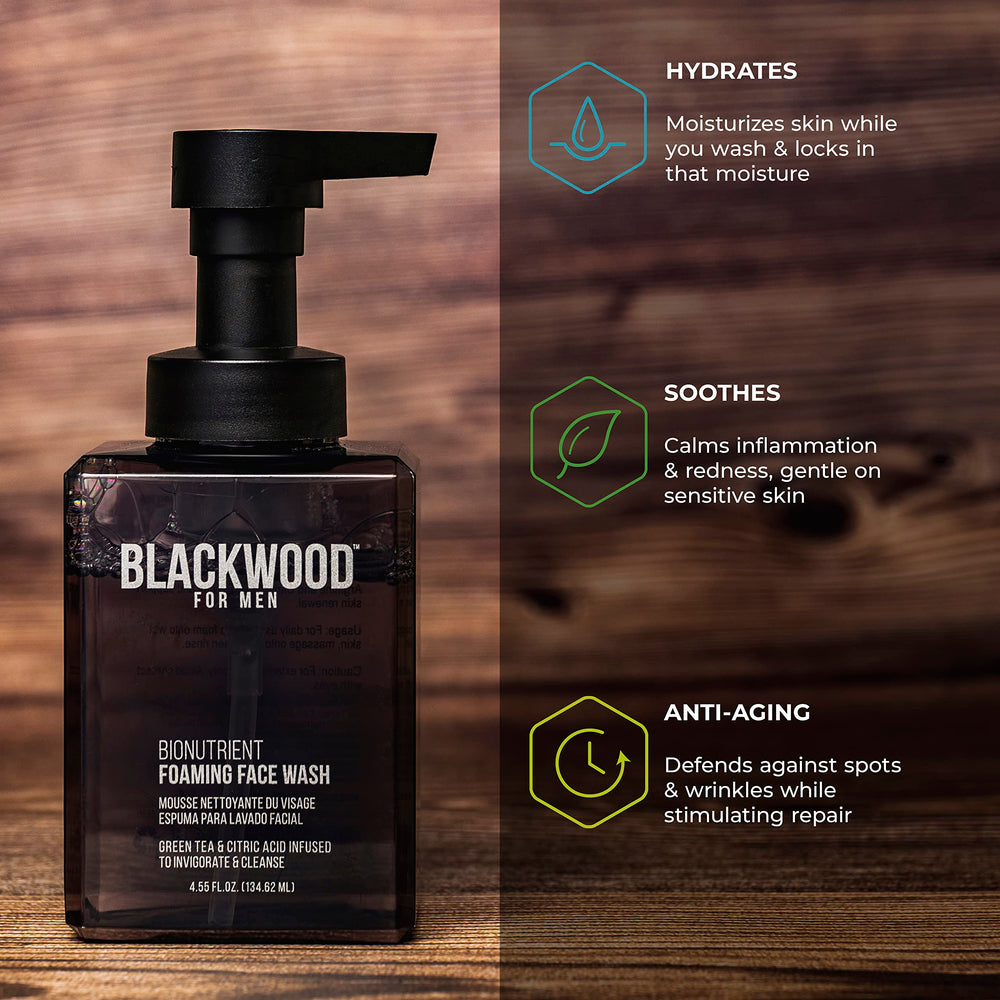 Blackwood For Men with green tea leaves highlighting antioxidant support