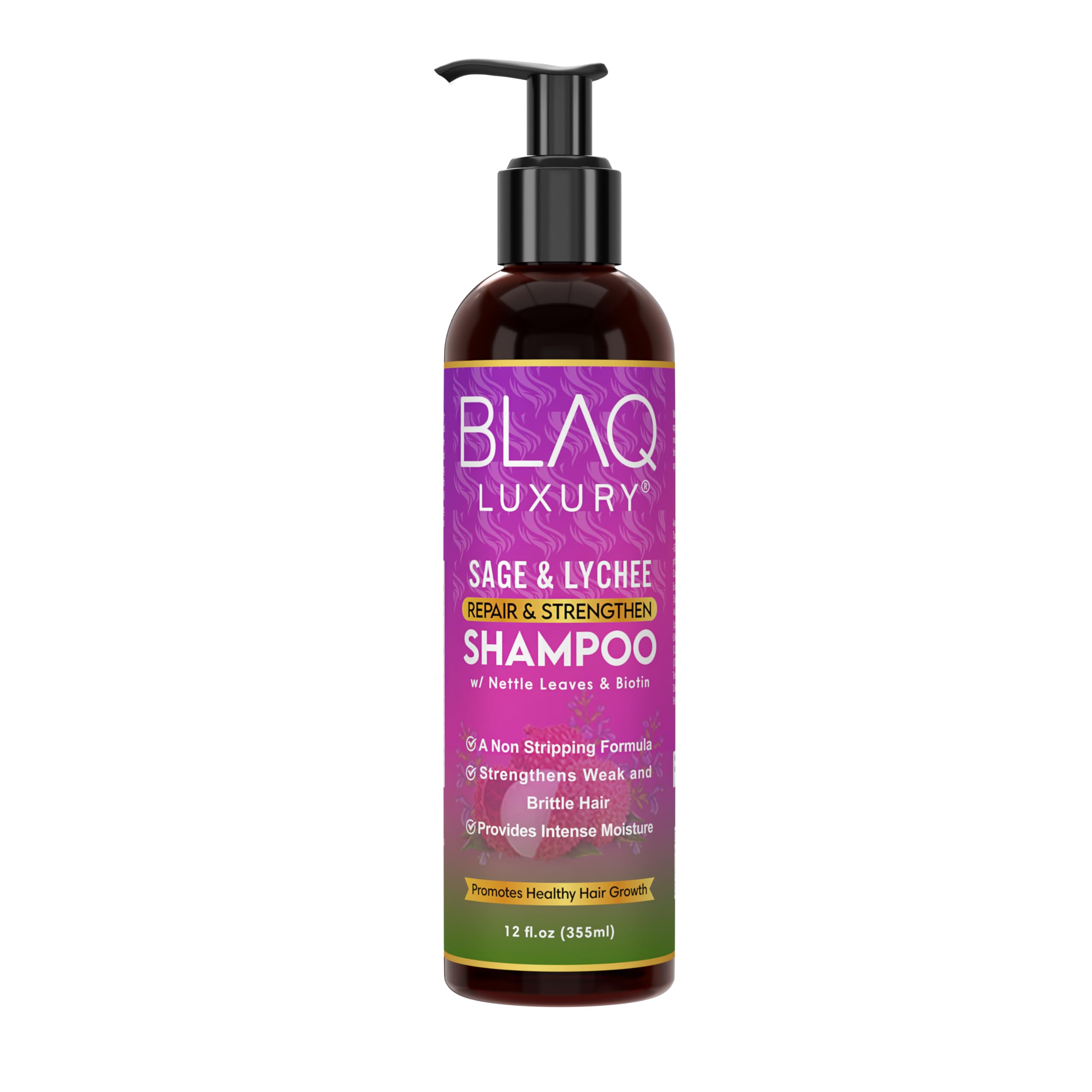 blaq luxury front bottle showing sage and lychee and clear branding benefit lightweight cleanse