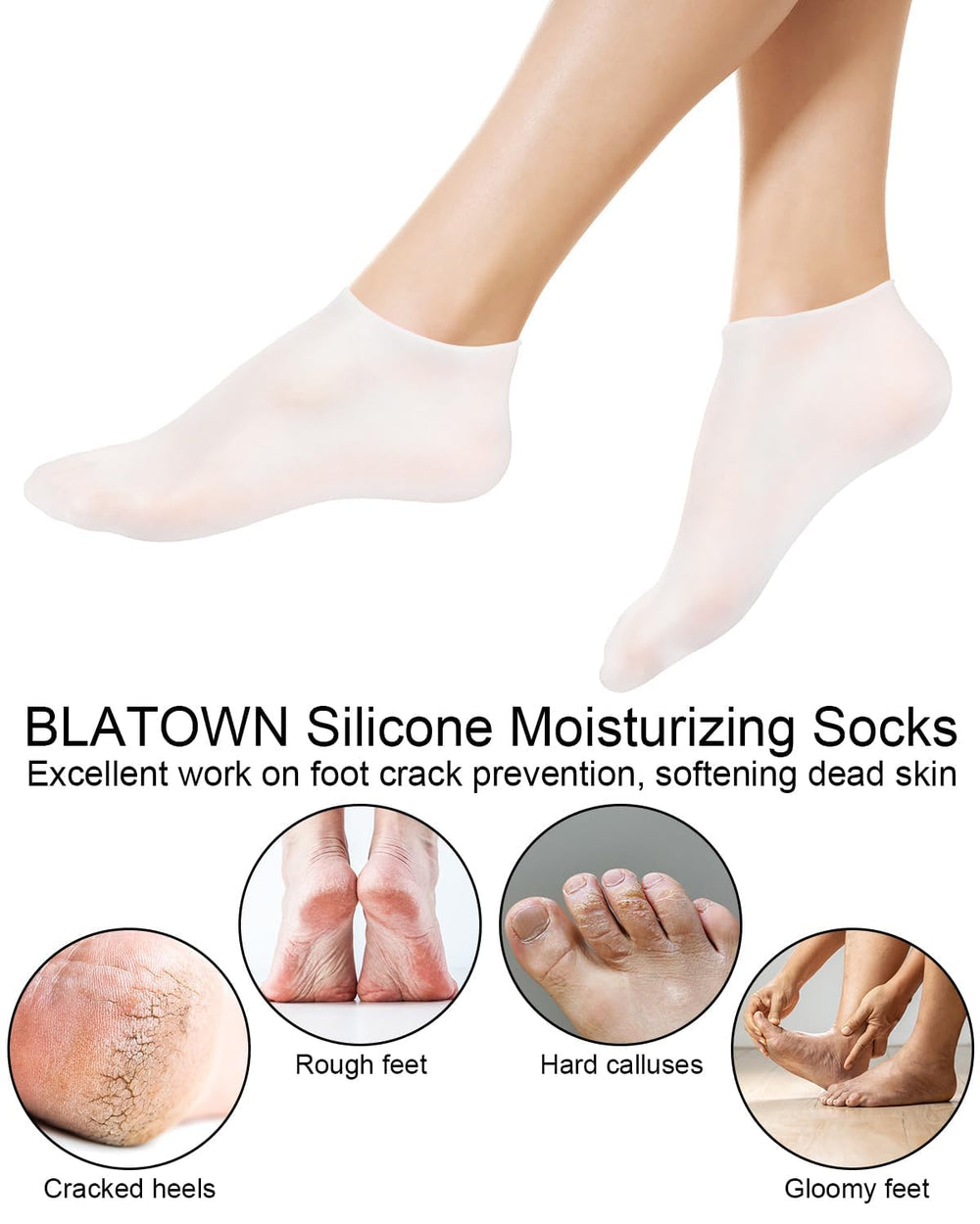 BLATOWN silicone sock worn on foot during treatment demonstrating improved moisturization